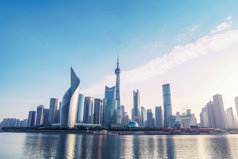 蓝天白云水面上的珠江新城全景现代建筑群摄影,高清,摄影图,摄影图片,图片大全,摄影图免费下载